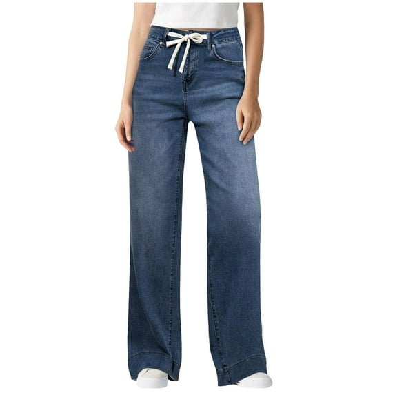 vigerkar Wide Leg Jeans for Women Casual High Waisted Strechy Straight Leg Loose Tummy Control Denim Pants with Pocket (Navy, S)