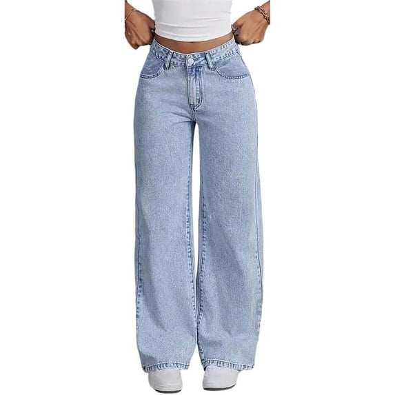 vigerkar Wide Leg Jeans for Women Mid Waist Baggy Stitch Decor Denim Washed Pants (Blue, S)