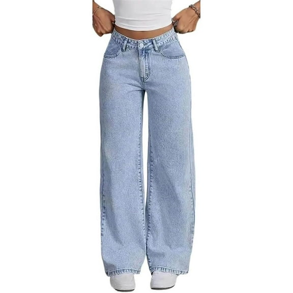vigerkar Wide Leg Jeans for Women Mid Waist Baggy Stitch Decor Denim Washed Pants (Blue, XXL)