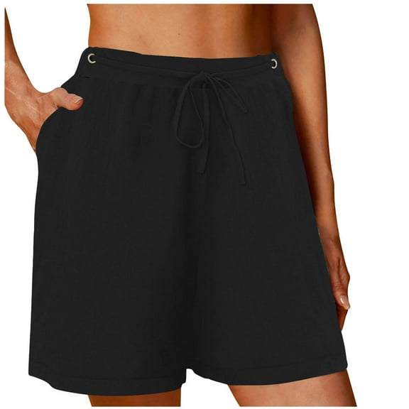vigerkar Wide Leg Linen Shorts for Women Elastic Drawstring High Waisted Bermuda Shorts Casual Loose Summer Soft Lounge Short Black, L