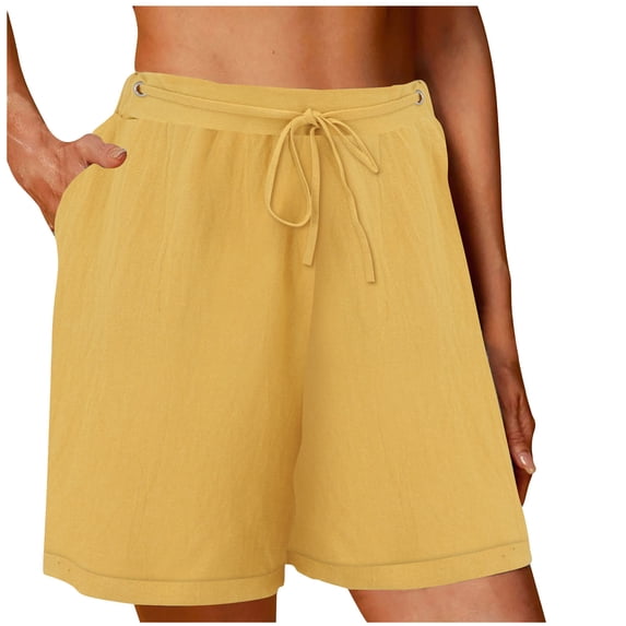 vigerkar Wide Leg Linen Shorts for Women Elastic Drawstring High Waisted Bermuda Shorts Casual Loose Summer Soft Lounge Short Yellow, S