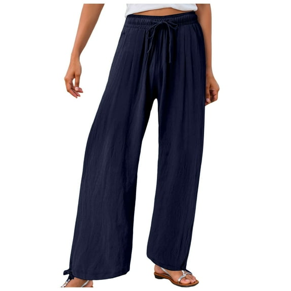 vigerkar Wide Leg Pants Woman Linen Palazzo High Waisted Drawstring Summer Casual Business 2025 Beach Vacation Pants Blue, XL