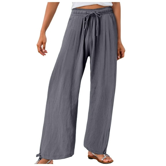 vigerkar Wide Leg Pants Woman Linen Palazzo High Waisted Drawstring Summer Casual Business 2025 Beach Vacation Pants Grey, XXL