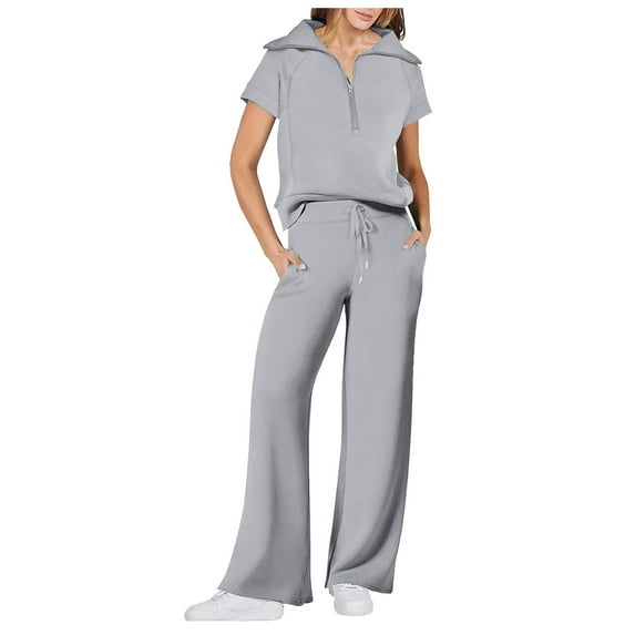 vigerkar Women 2 Piece Set Summer Outfits Sweatsuit Half Zip Cap Sleeve Sweatshirt Wide Leg Sweatpant Tracksuit Sets Dark Gray, XXL