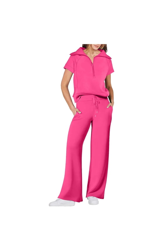 Women 2 Piece Set Summer Outfits Sweatsuit Half Zip Cap Sleeve Sweatshirt Wide Leg Sweatpant Tracksuit Sets Hot Pink, XXL
