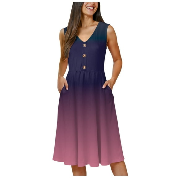 vigerkar Women 2025 Summer Dresses Sleeveless Casual Loose Swing Button Down Midi Dress with Pockets Dark Purple, XL