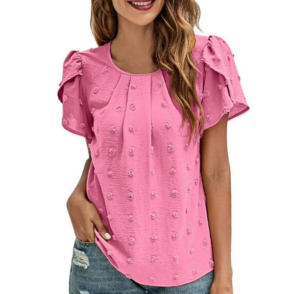 vigerkar Women 2025 Summer V Neck Ruffle Short Sleeve Blouse Swiss Dot Flowy Shirt Tunic Top Hot Pink, S