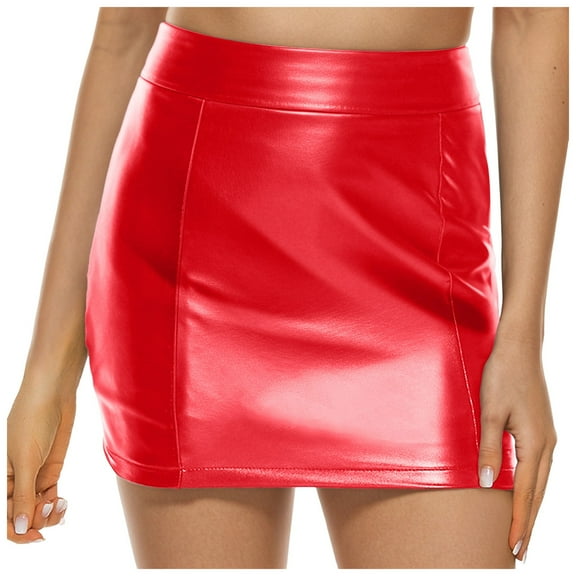 vigerkar Women Basic High Waisted Mini Party Bodycon Leather Short Skirt Red, M