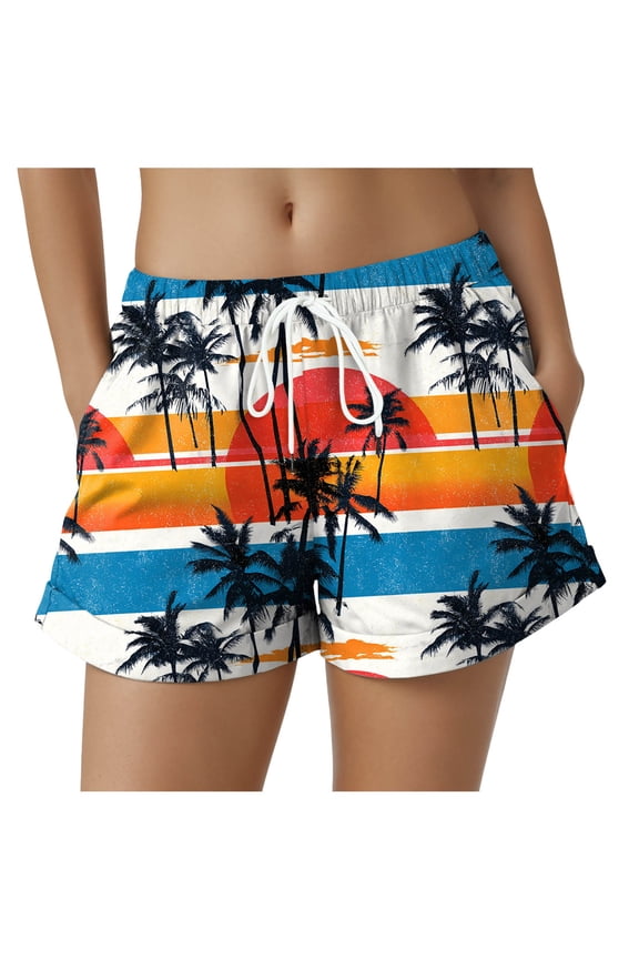 Women Beach Board Shorts,Summer Tropical Drawstring Shorts Hawaiian Swim Shorts for Women with Pockets (Blue, M)