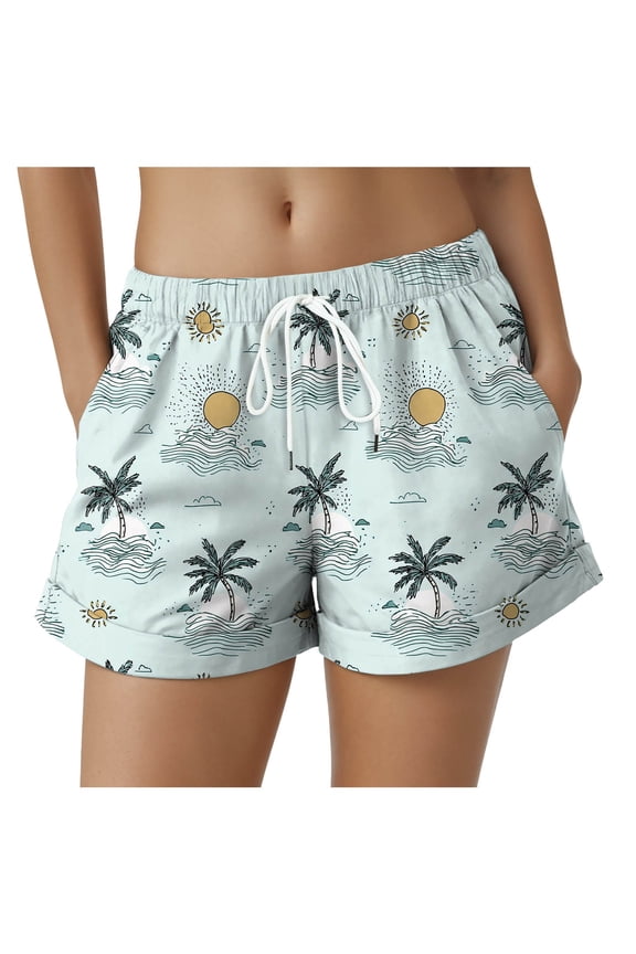 Women Beach Board Shorts,Summer Tropical Drawstring Shorts Hawaiian Swim Shorts for Women with Pockets (Light Blue, L)