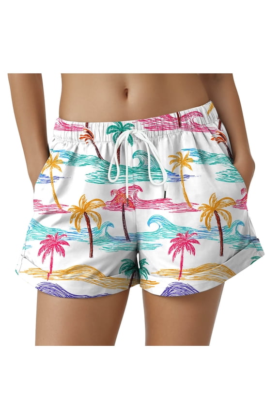 Women Beach Board Shorts,Summer Tropical Drawstring Shorts Hawaiian Swim Shorts for Women with Pockets (Pink, L)