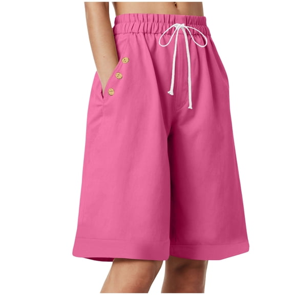 vigerkar Women Bermuda Shorts Knee Length High Waisted Shorts Summer Casual Capri Pants with Pockets (Hot Pink, XL)