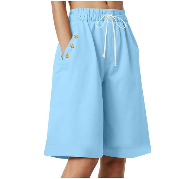 vigerkar Women Bermuda Shorts Knee Length High Waisted Shorts Summer Casual Capri Pants with Pockets (Light Blue, XXL)