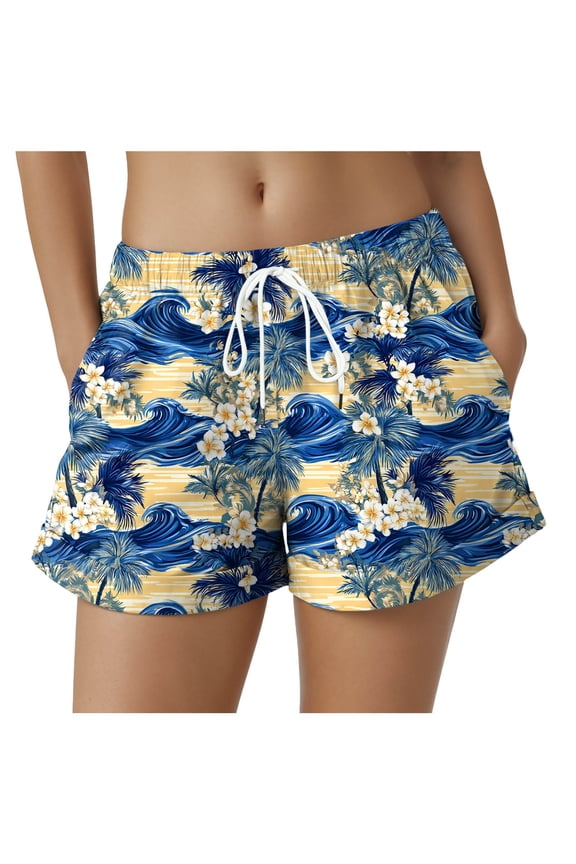 Women Board Shorts Hawaiian Tropical Print Beach Swim Shorts with Pockets (Navy, S)