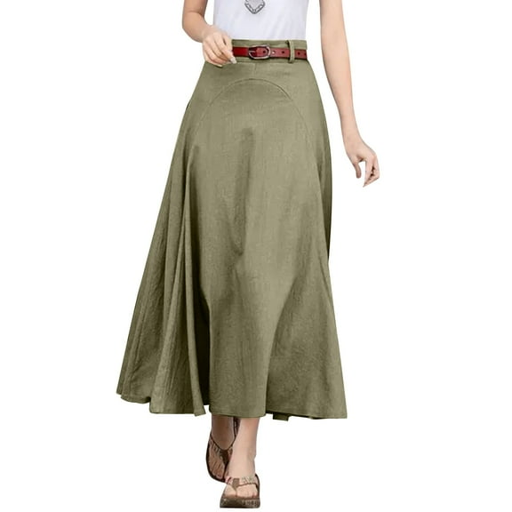vigerkar Women Casual Cotton Linen A Line Skirt High Waist Long Flowy Skirt Flare Swing Ruffle Skirt AG, XL