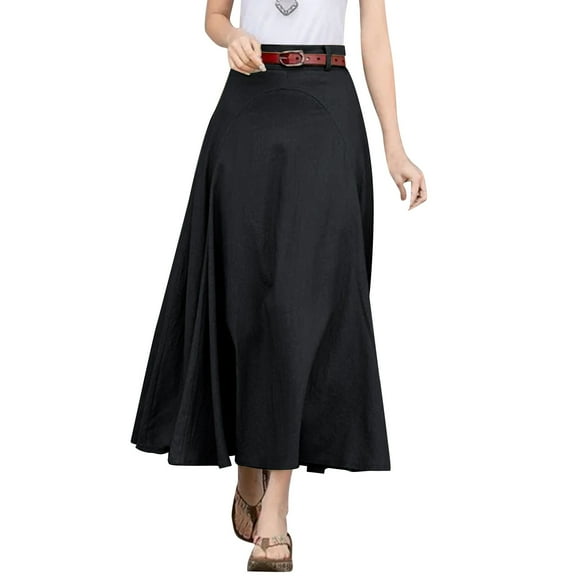 vigerkar Women Casual Cotton Linen A Line Skirt High Waist Long Flowy Skirt Flare Swing Ruffle Skirt Black, L