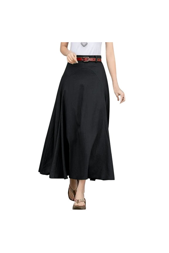 Women Casual Cotton Linen A Line Skirt High Waist Long Flowy Skirt Flare Swing Ruffle Skirt Black, L