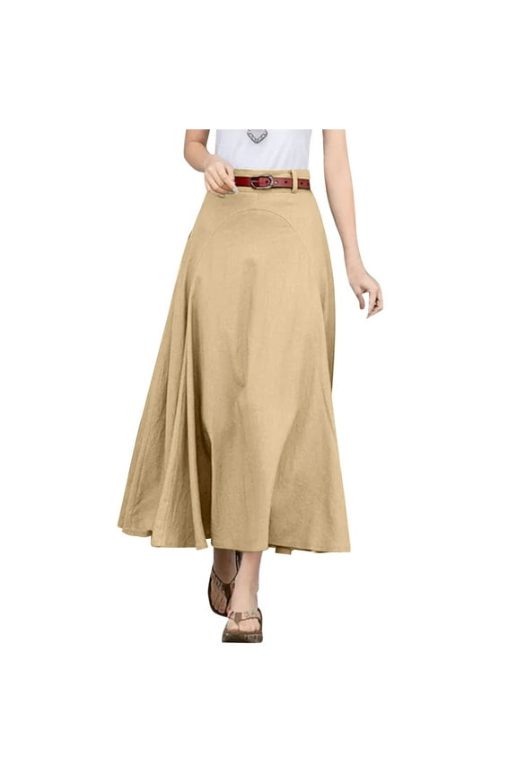 Women Casual Cotton Linen A Line Skirt High Waist Long Flowy Skirt Flare Swing Ruffle Skirt Khaki, XL