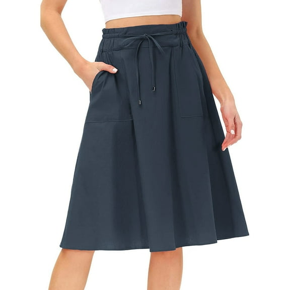 vigerkar Women Casual Cotton Linen Skirts Frill Tie Waist A-Line Midi Skirt with Pockets Navy, M
