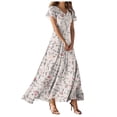 thumbnail image 1 of vigerkar Women Casual Loose Bohemian Floral Dress Short Sleeve Long Maxi Summer Beach Swing Dress Beige, S, 1 of 7