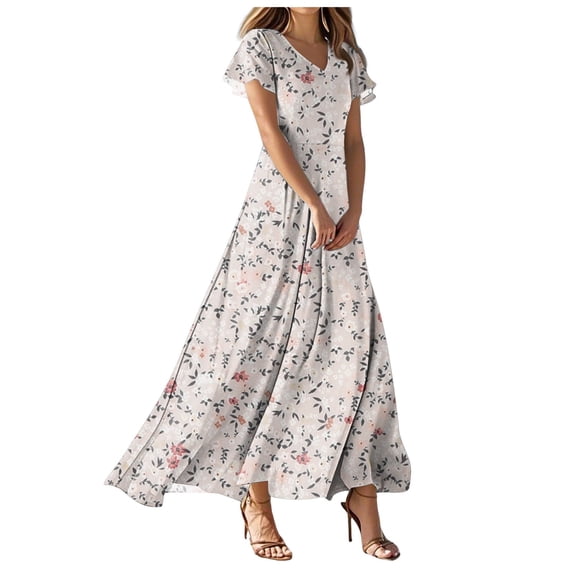 vigerkar Women Casual Loose Bohemian Floral Dress Short Sleeve Long Maxi Summer Beach Swing Dress Beige, S