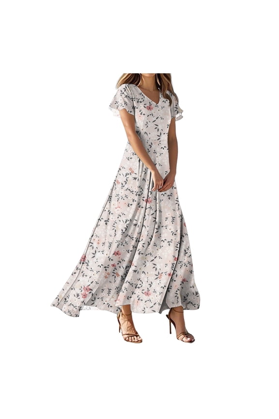 Women Casual Loose Bohemian Floral Dress Short Sleeve Long Maxi Summer Beach Swing Dress Beige, XXL