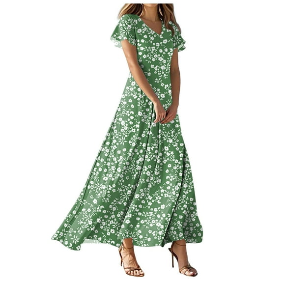 vigerkar Women Casual Loose Bohemian Floral Dress Short Sleeve Long Maxi Summer Beach Swing Dress Green, L