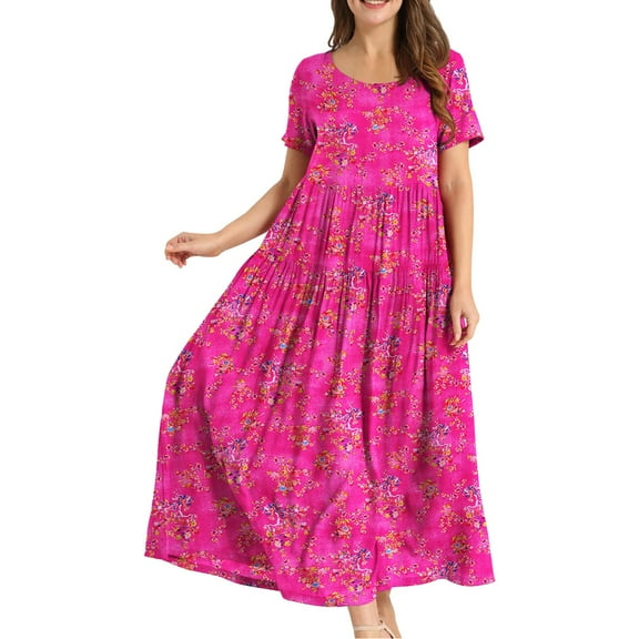 vigerkar Women Casual Loose Bohemian Floral Dress Short Sleeve Long Maxi Summer Beach Swing Dress Hot Pink, L