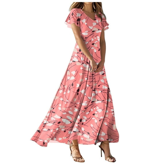 vigerkar Women Casual Loose Bohemian Floral Dress Short Sleeve Long Maxi Summer Beach Swing Dress Pink, S
