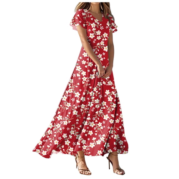 vigerkar Women Casual Loose Bohemian Floral Dress Short Sleeve Long Maxi Summer Beach Swing Dress Red, L