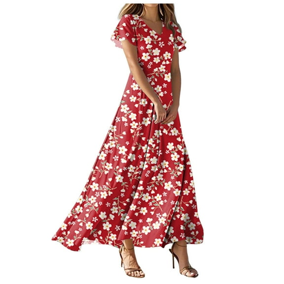 vigerkar Women Casual Loose Bohemian Floral Dress Short Sleeve Long Maxi Summer Beach Swing Dress Red, M