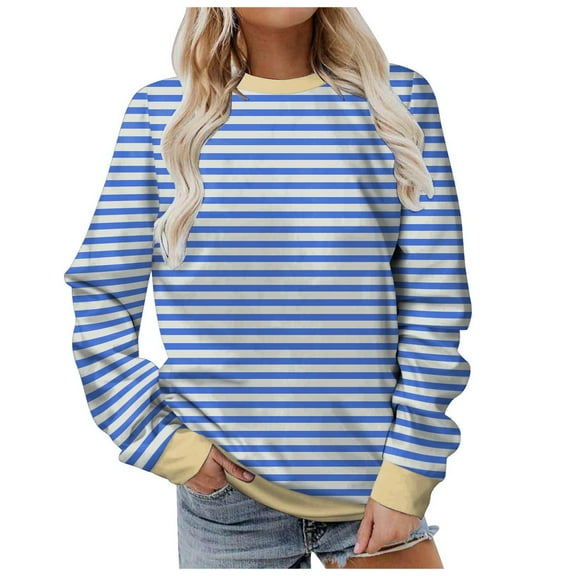 vigerkar Women Casual Sweatshirt Color Block Striped Long Sleeve Crewneck Oversized Tshirt Fashion Outfits (Light Blue, XXL)
