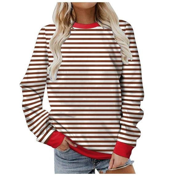 vigerkar Women Casual Sweatshirt Color Block Striped Long Sleeve Crewneck Oversized Tshirt Fashion Outfits (Red, M)