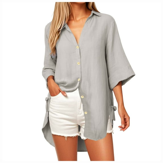 vigerkar Women Casual V Neck 3/4 Sleeve Button Down Shirts High Low Oversized Summer Beach Blouse Tops for Women Khaki, XXL
