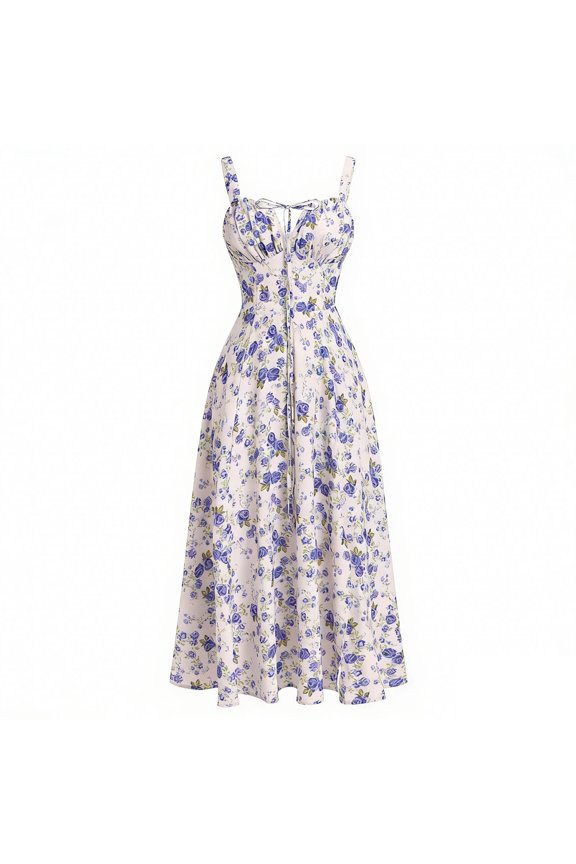 Women Corset Dress Sleeveless Spaghetti Straps Casual Dresses Boho Slit Lace Up Flowy Midi Bustier Sundress (Sky Blue, L)