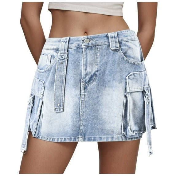 vigerkar Women Denim Cargo Skirt Y2K Vintage Low Waist Button Bodycon Mini Jean Skirt Trendy Going Out Streetwear with Pockets Light Blue, M