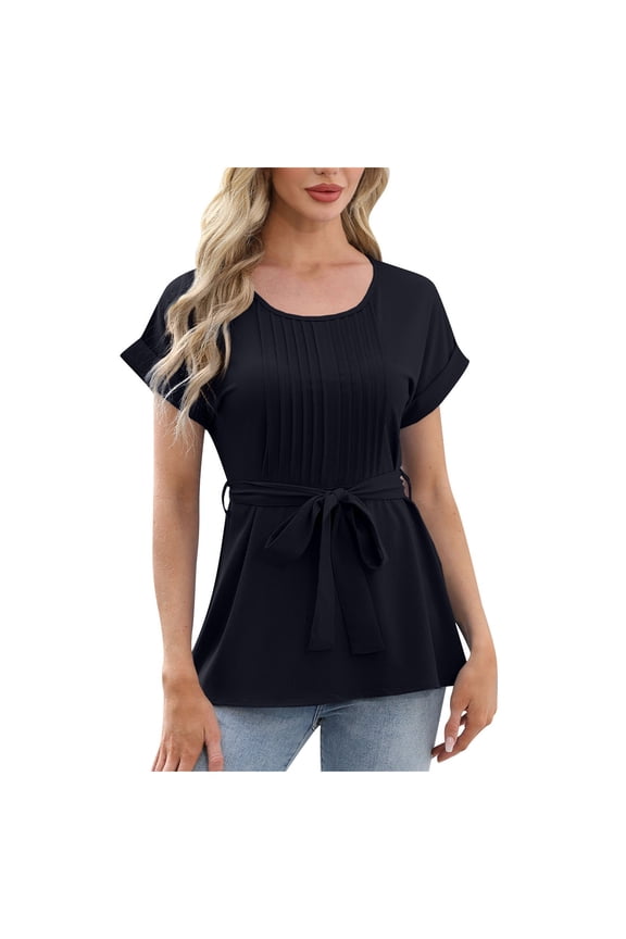 Women Dressy Casual Blouses Summer Peplum Tops Work Pleated Blouse Black, S