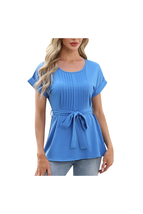 Women Dressy Casual Blouses Summer Peplum Tops Work Pleated Blouse Blue, M