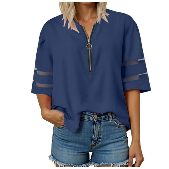 vigerkar Women Dressy Zipper Tops Summer Casual V Neck Mesh Panel 3/4 Bell Sleeve Loose Blouse Top Dark Blue, M