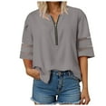 thumbnail image 1 of vigerkar Women Dressy Zipper Tops Summer Casual V Neck Mesh Panel 3/4 Bell Sleeve Loose Blouse Top Grey, XL, 1 of 5