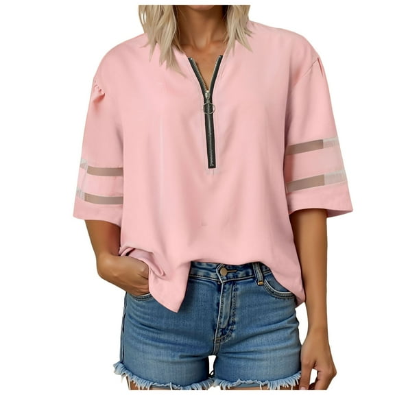 vigerkar Women Dressy Zipper Tops Summer Casual V Neck Mesh Panel 3/4 Bell Sleeve Loose Blouse Top Pink, XXL