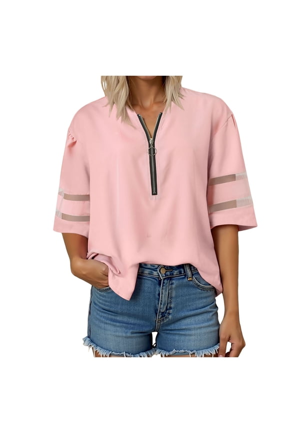Women Dressy Zipper Tops Summer Casual V Neck Mesh Panel 3/4 Bell Sleeve Loose Blouse Top Pink, XXL