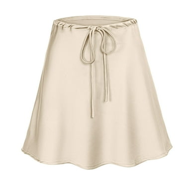 vigerkar Women Elegant High Waist Drawstring Satin Skirt Silk A-Line Skirt Beige, XL