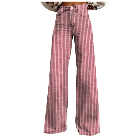 vigerkar Women Fashion Striped Jeans Y2k High Waist Wide Leg Denim Pants Casual Baggy Boyfriend Trousers with Pockets Pink, S