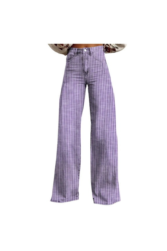 Women Fashion Striped Jeans Y2k High Waist Wide Leg Denim Pants Casual Baggy Boyfriend Trousers with Pockets Purple, S