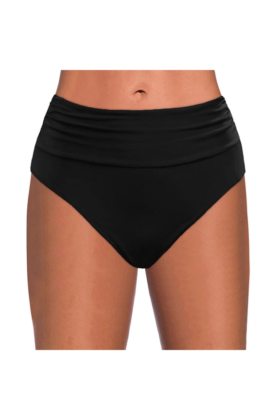 Women Full Coverage Ruched Bikini Bottoms Tummy Control Swim Bottoms Scrunch Ruffle Bathing Suit Bottom Black, L