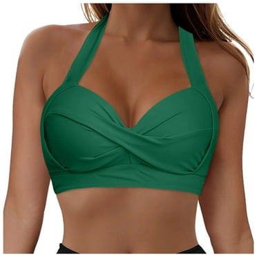 vigerkar Underwire Full Coverage Bikini Top for Women Halter Push Up Swim Crop Top Bathing Suit No Bottoms Green, S
