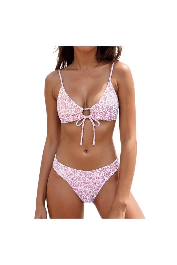 Women High Cut Bikini Sets String Sexy Swimsuit Two Piece Bathing Suit Cheeky Cut Out Cute Swimwear (Pink, S)