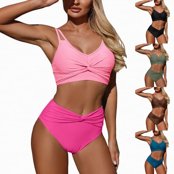 vigerkar Women High Waisted Bikini Sets 2 Piece Tummy Control Full Coverage Swimsuits V Neck Twist Front Bathing Suit (Coffee, XL)