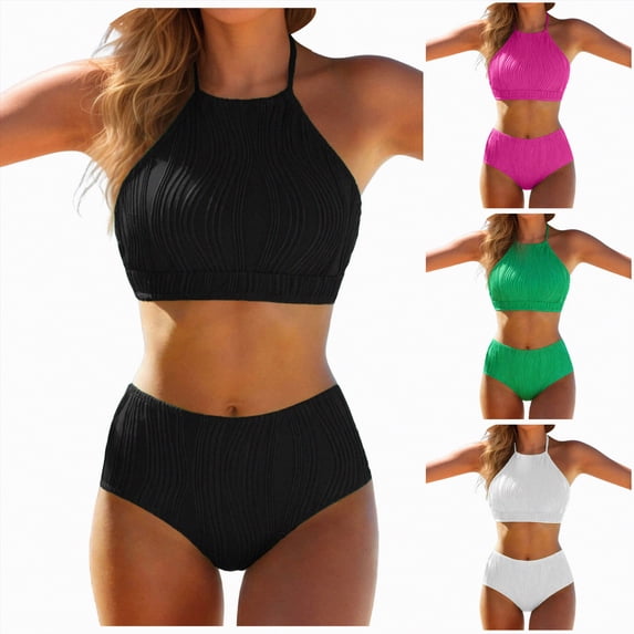 vigerkar Women High Waisted Bikini Sets - Two Piece Swimsuit High Neck Bathing Suits Tummy Control Swimwear (White, M)